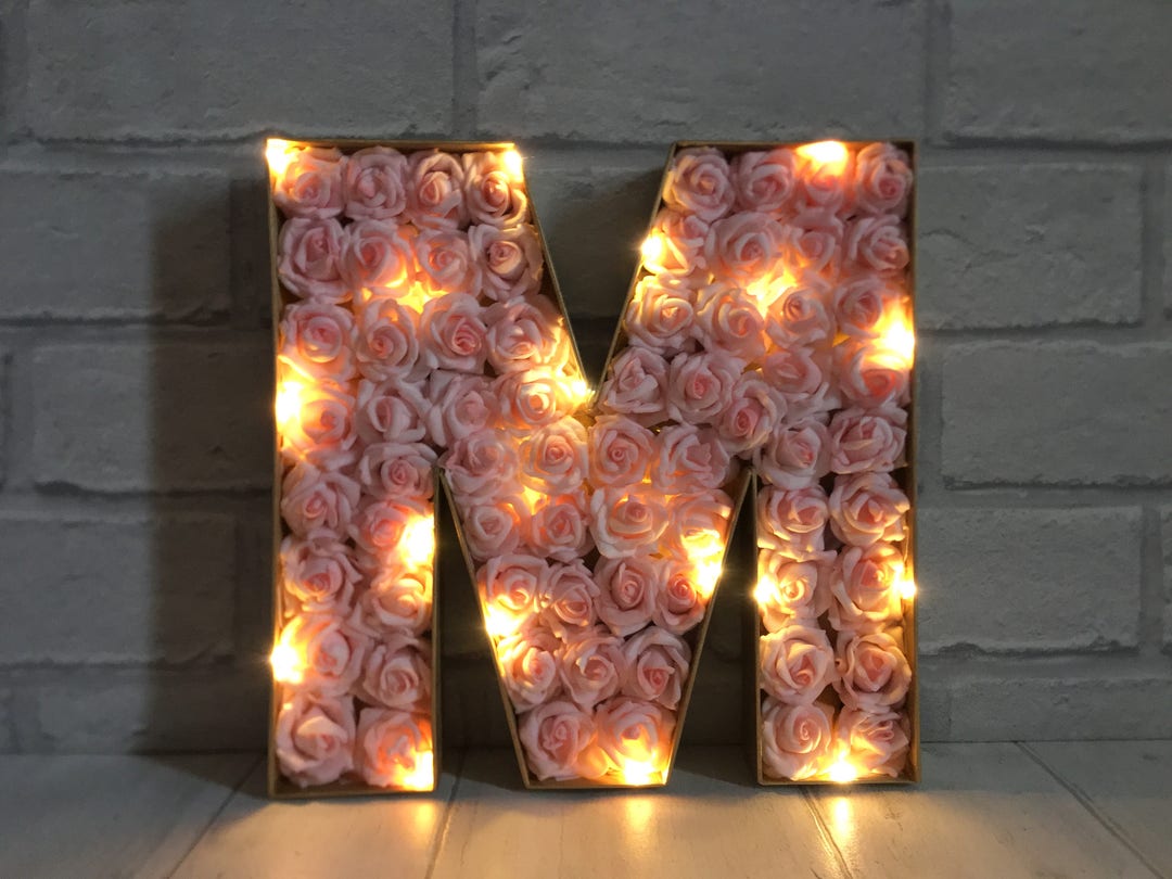 Rose Letter M Light: Gold Initial, Pink Floral Decor - Etsy