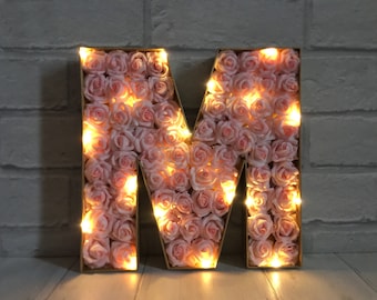 Rose Letter M Light: Gold Initial, Pink Floral Decor