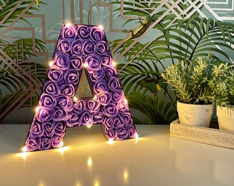 Floral Letter A, Initial A Gift, Purple Roses, Fillable Letter A, Light Up Letter, Personalised Gift for Her