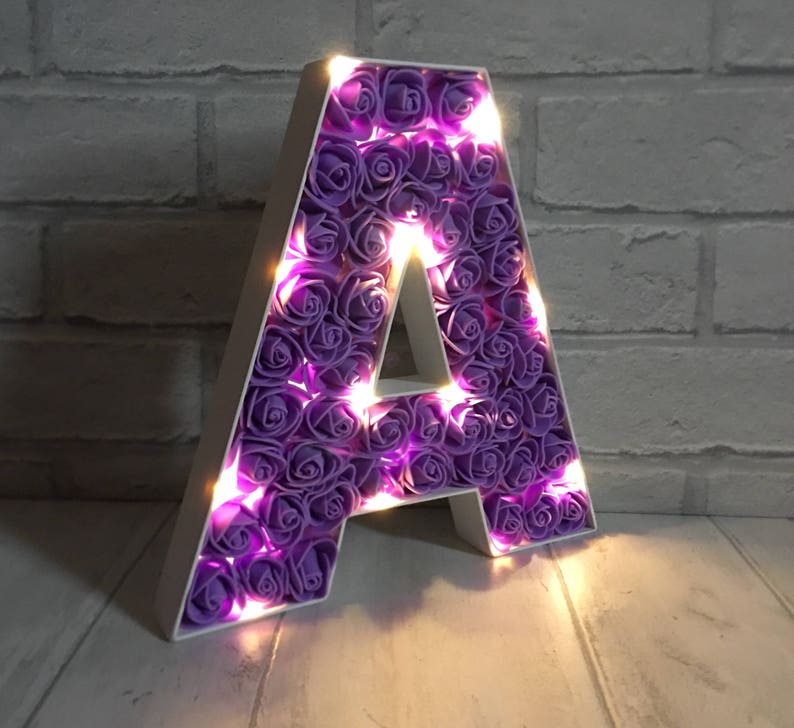 Purple rose bedroom decor, Purple home decor, Purple light up letter, Purple night light image 1