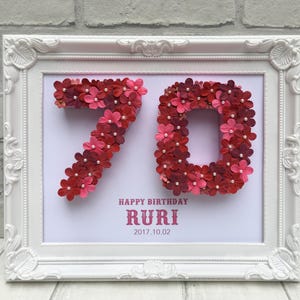May include: A white frame with a pink and red floral number 70, the words "Happy Birthday Ruri" and the date "2017.10.02".