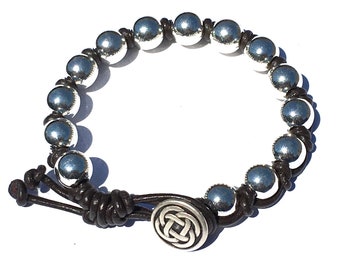 Leather Bracelet Hand-Knotted with Silver Balls