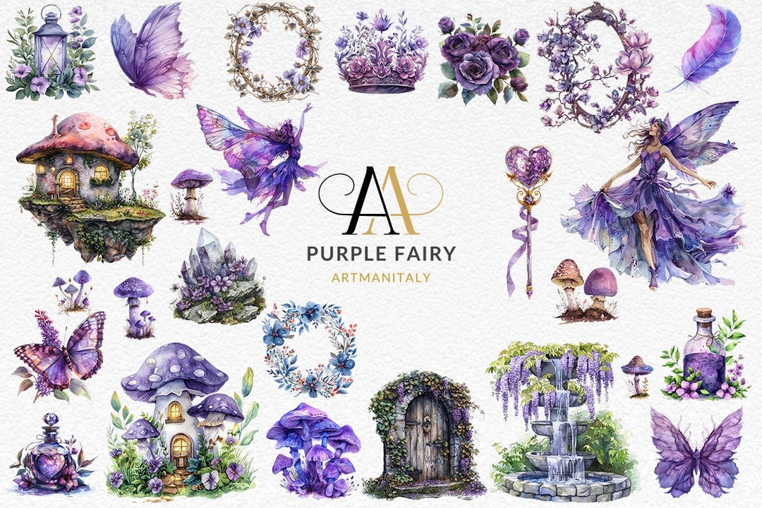 Watercolor Purple Fairy Fantasy Floral Spring Clip Art Graphics in PNG ...