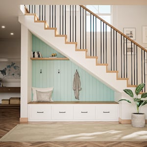 Custom White Wood Storage Bench for Under Stairs with Drawers – Modern Home Furniture