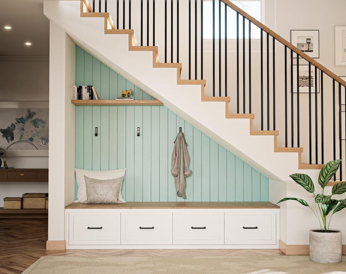 Custom White Wood Storage Bench for Under Stairs with Drawers – Modern Home Furniture