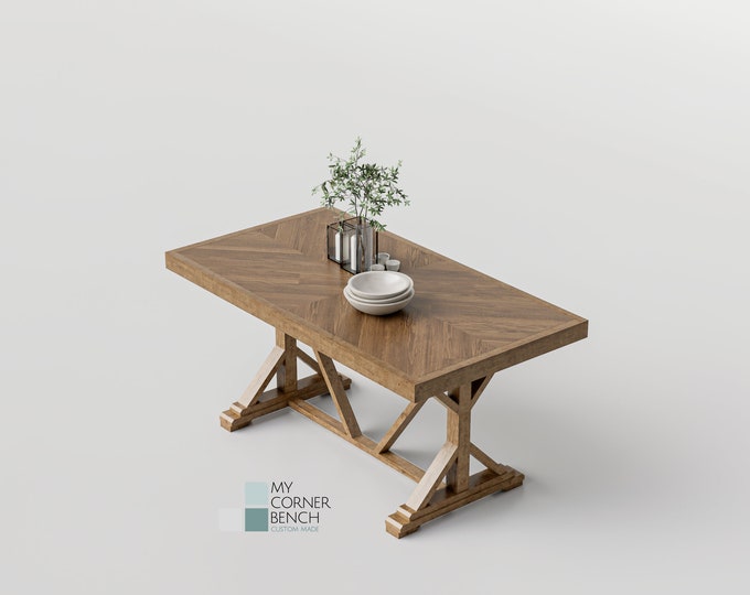 Rustic Pine Farmhouse Style Table with Chevron Herringbone Design - Unique Handcrafted Furniture