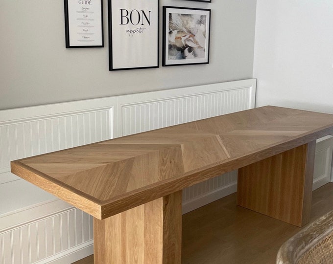 Rustic White Oak Kitchen Table with Chevron Herringbone Design
