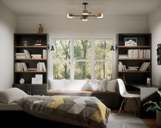 Modular Office and Bookshelf Furniture with Integrated Seat and Desk - Modern and Functional Design