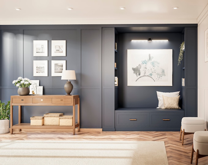 Custom Reading Nook with Front Drawers and Two Bookshelves: Your Cozy Retreat for Books and Relaxation