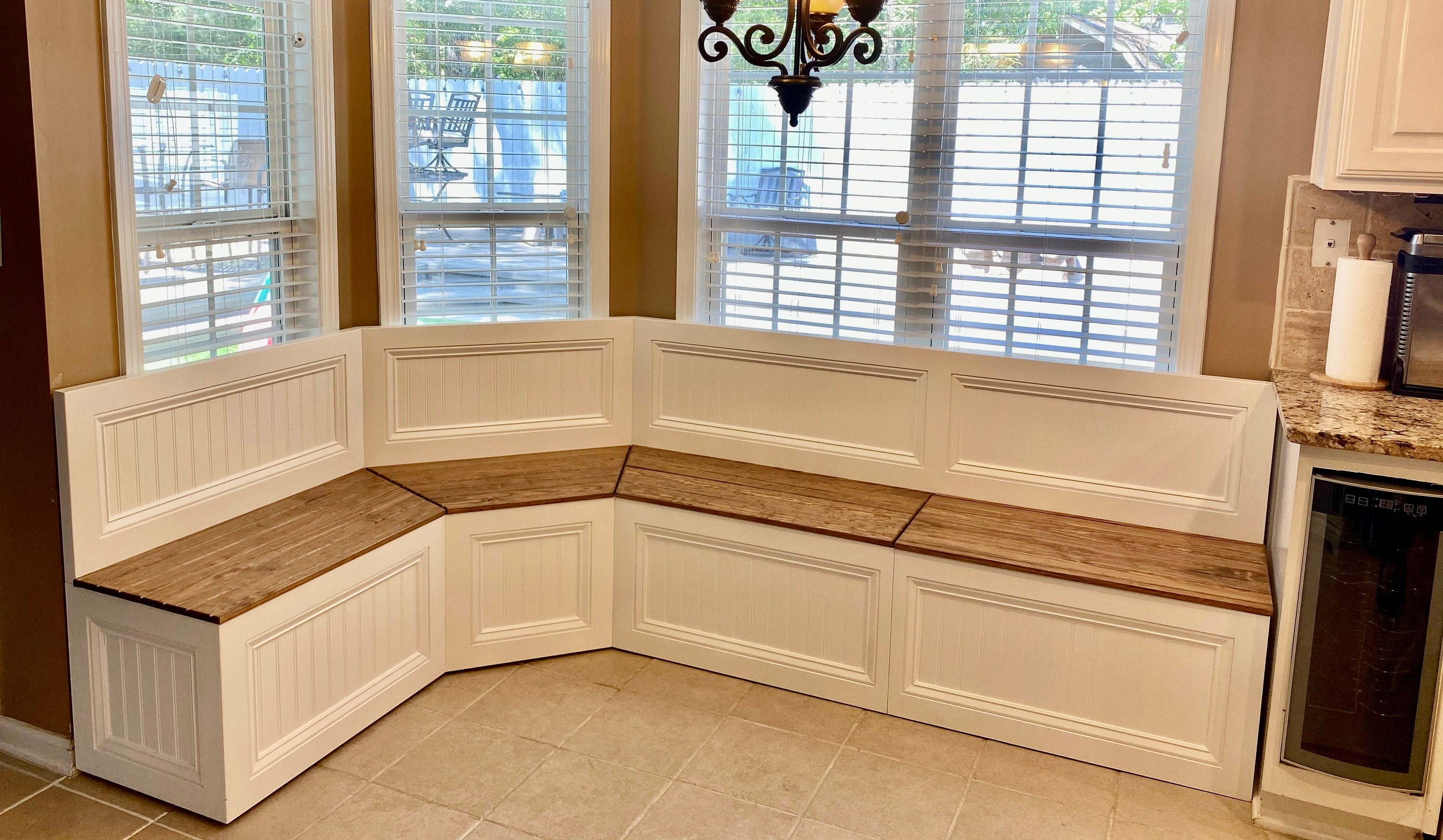 Banquette Bench for a Bay Window with straight backrest, kitchen seating, shaped bench, breakfast nook