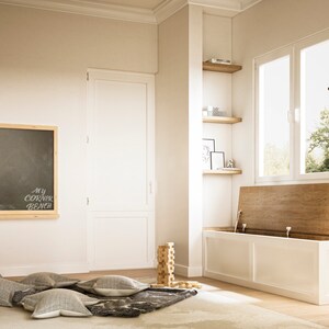 May include: A light-filled playroom featuring a chalkboard with the text "My Corner Bench", a wooden rocking horse, and a storage bench. The storage bench has a white base and a wooden top. A modern black floor lamp and cushions complete the scene.