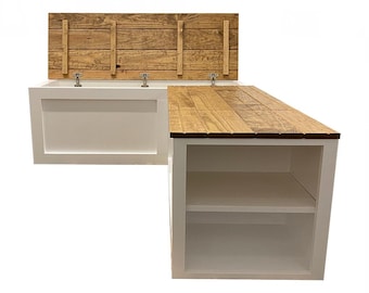 Handcrafted L-Shaped Bench with Shelving - Custom Finishes, Versatile Corner Seat with Storage