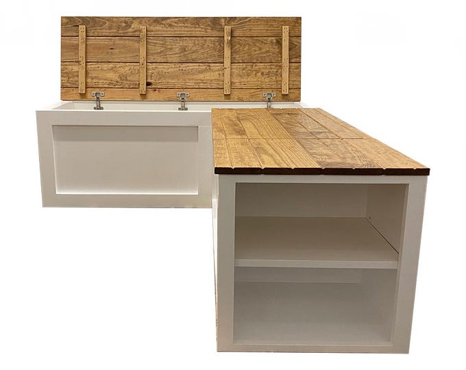 Handcrafted L-Shaped Bench with Shelving - Custom Finishes, Versatile Corner Seat with Storage