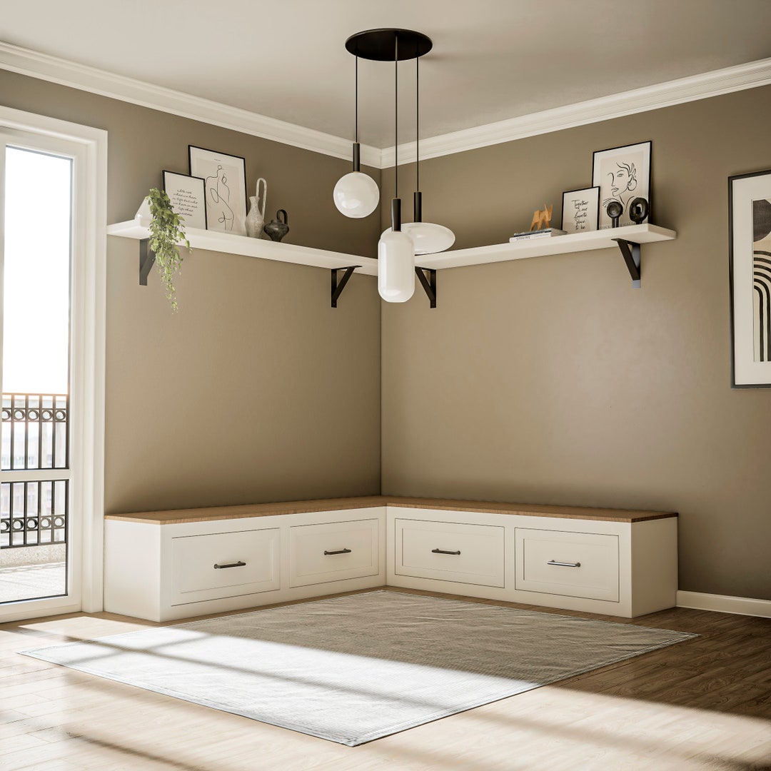 Customizable Shaker-style Corner Bench With Front Storage Drawers
