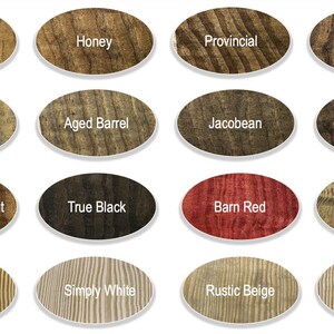 May include: A collection of 16 wood stain color samples in oval shapes. The colors include Early American, Honey, Provincial, Espresso, Slate, Aged Barrel, Jacobean, Dark Walnut, English Chestnut, True Black, Barn Red, Driftwood, Natural, Simply White, Rustic Beige, and Golden Pecan.
