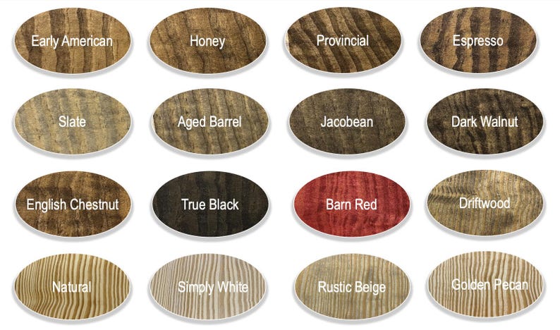 May include: A collection of 16 wood stain color samples in oval shapes. The colors include Early American, Honey, Provincial, Espresso, Slate, Aged Barrel, Jacobean, Dark Walnut, English Chestnut, True Black, Barn Red, Driftwood, Natural, Simply White, Rustic Beige, and Golden Pecan.