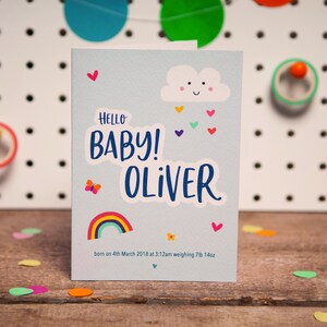 Mignon personnalisé New Baby BOY Carte | Bonjour chéri! Carte | Carte mignonne de nuage et d’arc-en-ciel