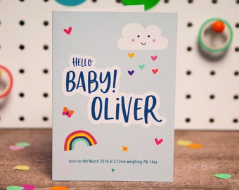 Cute Personalised New Baby BOY Card | Hello Baby! Card | Cute Cloud and Rainbow Card