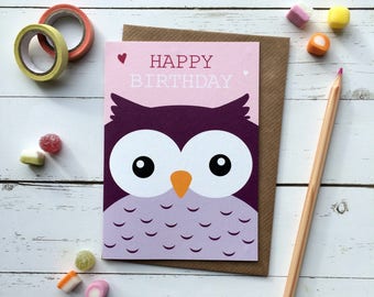Cute Owl Birthday Card | Kawaii Owl birthday card for kids