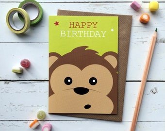 Cute Monkey verjaardagskaart | Kawaii Monkey verjaardagskaart voor kinderen