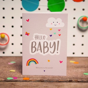 Mignon New Baby GIRL / BOY Card | Bonjour chéri! Carte | Carte mignonne de nuage et d’arc-en-ciel