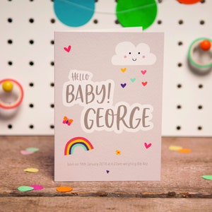 Mignon personnalisé Nouveau Bébé GIRL / BOY Carte | Bonjour chéri! Carte | Carte mignonne de nuage et d’arc-en-ciel