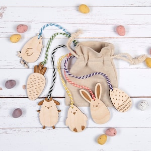 Op de afbeelding: Een set van vijf houten paaseieren met kleurrijk touw eraan bevestigd. De ornamenten zijn een kuiken, een konijn, een lam, een wortel en een ei. De ornamenten hangen aan een jute zak.