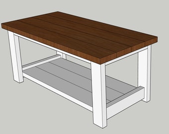 May include: A white wooden table with a brown wooden top and a lower shelf. The table has a simple, farmhouse style.