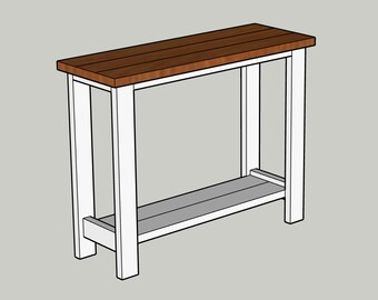 May include: White console table with a brown wooden top and a lower shelf. The table has a simple, farmhouse style.