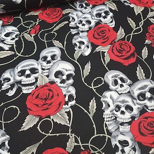 Skull Skeletons and Roses cotton fabric black red green Goth fabric, craft and clothing, quilting fabric Yard/Meter, wide 43&quot;