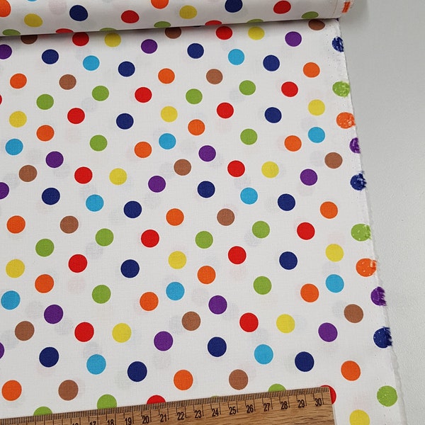 Rainbow Dots on white, colorful dots on white, Clothworks Fabric, Yard/Meter wide 43"