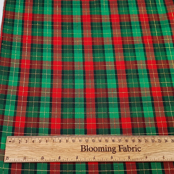 Traditional Christmas fabric, Plaid tartan fabric with gold thread, craft and clothing, Yard/Meter wide 43"