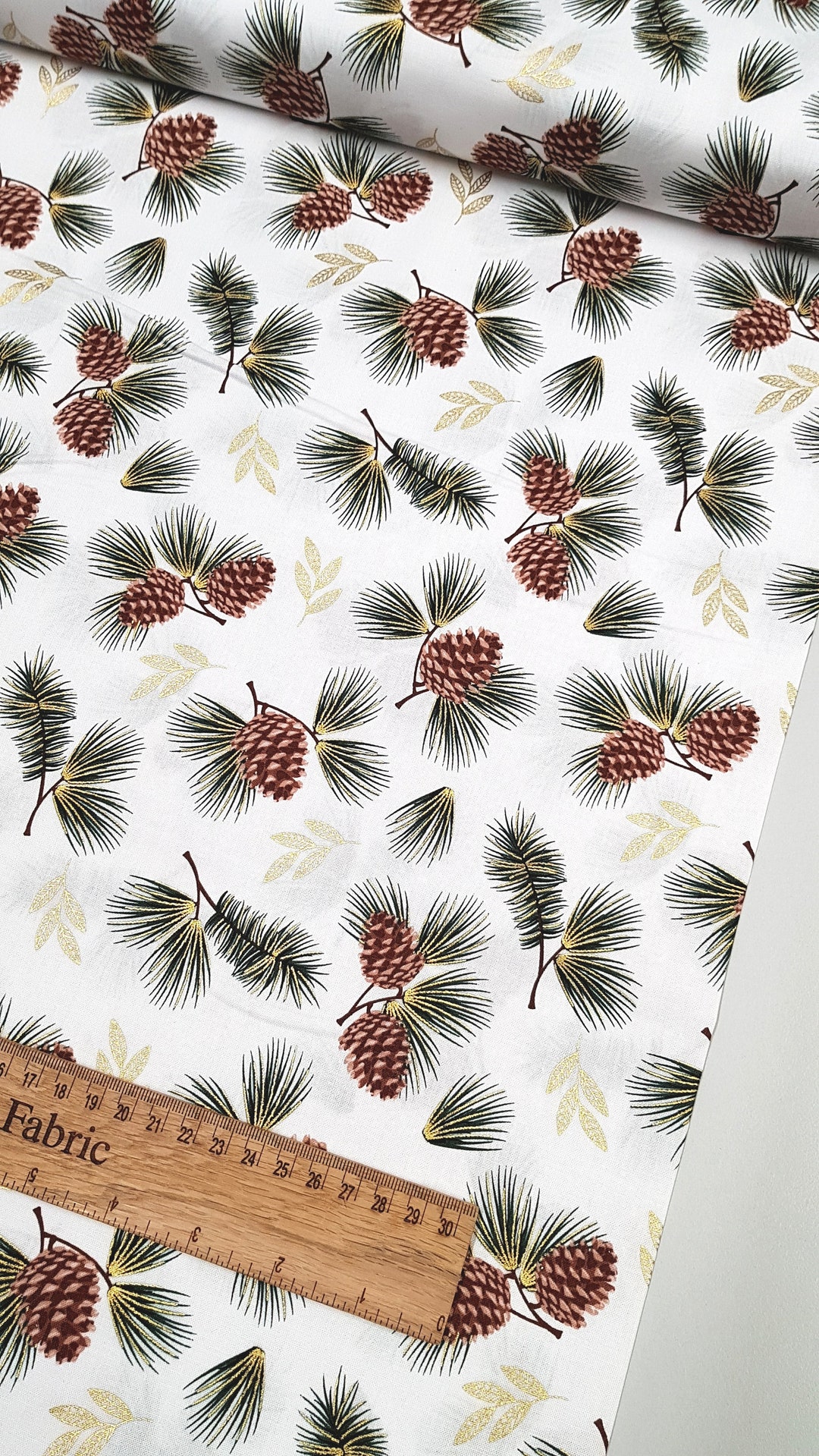 Pine Cones Fabric Christmas Fabric Metallic Gold Snow Etsy