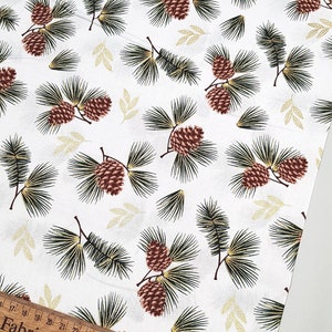 Pine cones fabric, Christmas fabric, Metallic gold snow quilting fabric, Last 20&quot; x 21&quot;