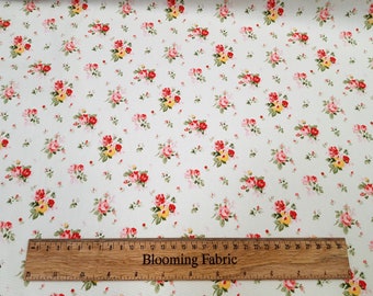 Floral fabric, Flower print on ivory, 100% cotton poplin print, craft and clothing, quilting fabric Yard/Meter