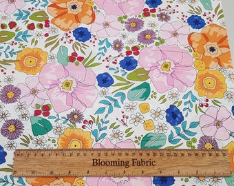 Tela de prado de verano, tela de flores coloridas, estampado de algodón 100%, artesanía y ropa, patio / metro, ancho 43 "