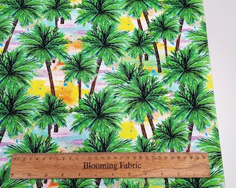 Tela de algodón con estampado de palmeras, tela tropical hawaiana, para acolchado y manualidades.