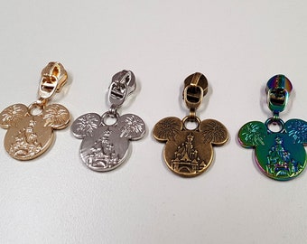 Zipper Pull Mouse Castle nylon bag making hardware will fit Size 5 nylon zip, Rainbow, Gold, Silver, Bronz