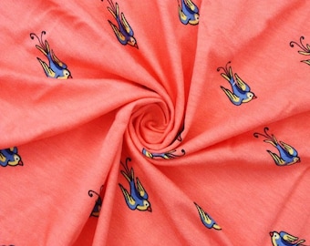 Swallows Viscose Jersey, birds on coral, Cotton knit fabric, dresses, t-shirts and children's wear Yard/Meter