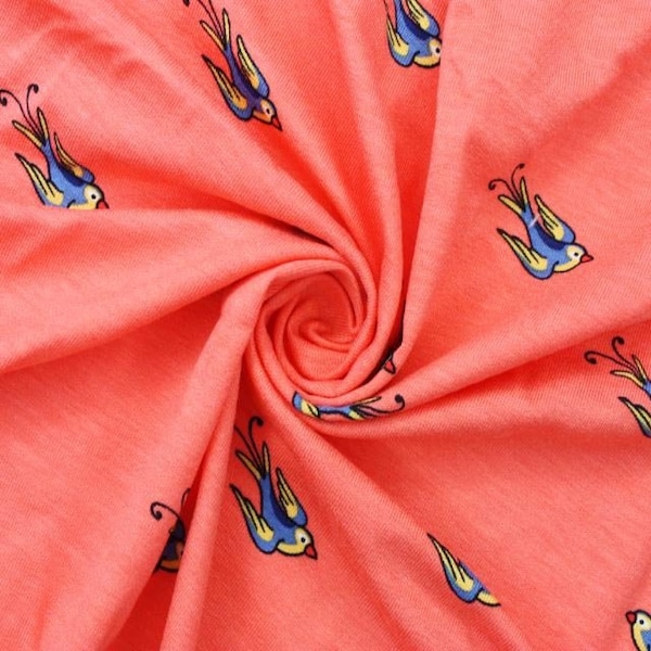 Swallows Viscose Jersey, birds on coral, Cotton knit fabric, dresses, t-shirts and children's wear Yard/Meter