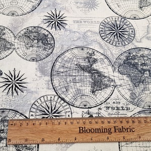 Globe fabric, Old map cotton fabric, World map fabric, craft and clothing, quilting fabric yard/meter, wide 43"