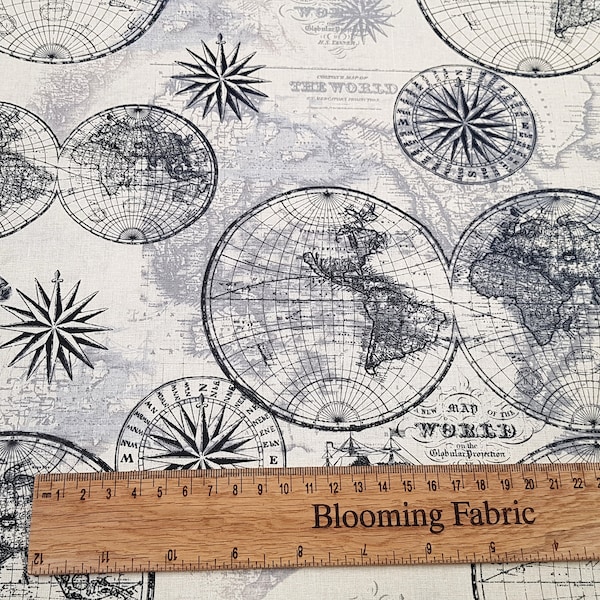 Globe fabric, Old map cotton fabric, World map fabric, craft and clothing, quilting fabric yard/meter, wide 43"