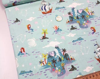 Neverland Island Mint, Riley Blake, Peter Pan Bomullstyg, 100 % bomull, quilttyg, hantverkstyg Bredd 102 cm
