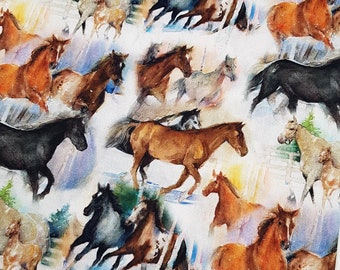 May include: A white fabric with a repeating pattern of watercolor horses running. The horses are in various shades of brown, black, and white. The background is a light blue with white clouds.