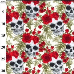 Skull Skeletons and Roses cotton poplin fabric black red green Goth fabric, craft and clothing, quilting fabric Quarter Yard/Meter