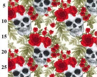 Skull Skeletons and Roses cotton poplin fabric black red green Goth fabric, craft and clothing, quilting fabric Quarter Yard/Meter