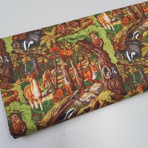 Animals fabric, Realistic animals in woods, 100% cotton craft and bunting, quilting fabric Meter/ Yard, wide 43"