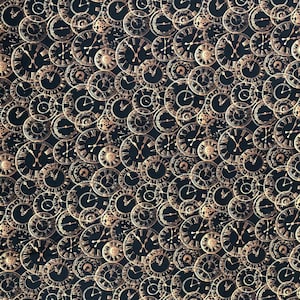 May include: A black fabric with a repeating pattern of gold clock faces. The clocks are all different shapes and sizes, and some have Roman numerals.
