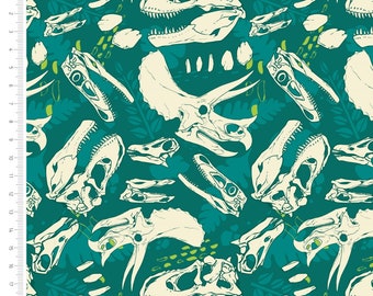 Dinosaur Skulls Fabric, Jurassic Cotton Woven, Green Fossil Print
