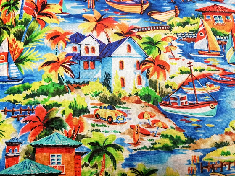 Tropical Island Cotton Fabric Palm Tree Fabric Retro Etsy UK
